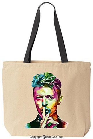 David Bowie Canvas Tote Reusable Ziggy Stardust Bag by BeeGeeTees (Black Handle)