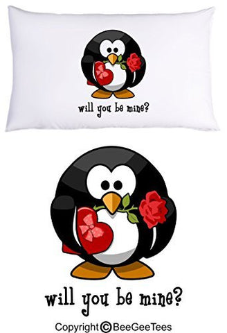 Will You Be Mine Cute Penguin Pillowcase Valentines Day Gift by BeeGeeTees® (1 Queen Pillowcase)