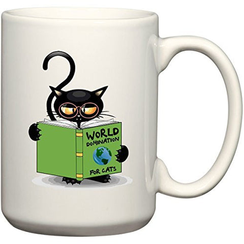 World Domination For Cats - Coffee or Tea Cup 11 or 15 oz Funny Cat Lover Gift Mug by BeeGeeTees® for Grandma's Kitty Rescue