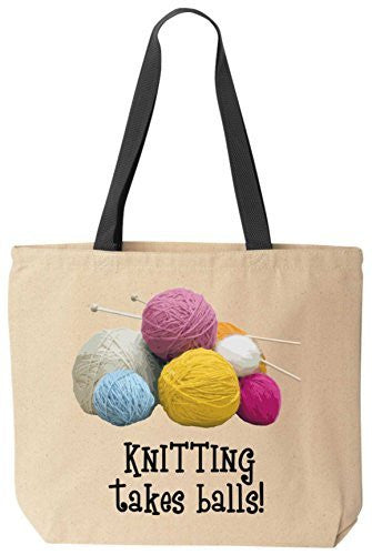 KNITTING takes balls! Funny Cotton Canvas Tote Bag Reusable by BeeGeeTees