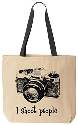 I shoot people (Nikon) Camera Photography Canvas Tote Bag (Black Handle) by BeeGeeTees