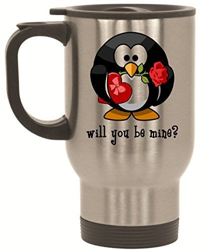 Will You Be Mine Cute Penguin Valentines Day Gift Stainless Steel Travel Mug by BeeGeeTees® (14 oz)