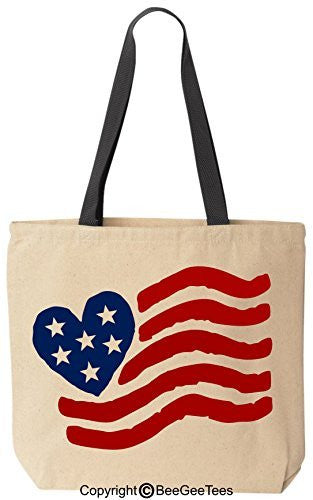 Red White and Blue USA Heart Flag - Patriotic Tote Bag - Reusable Canvas by BeeGeeTees 00740