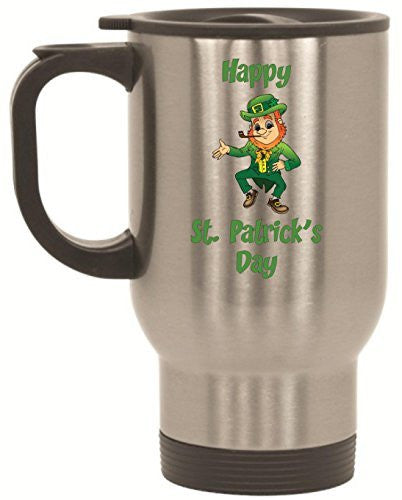 Happy St Patrick's Day Leprechaun Stainless Steel Travel Mug by BeeGeeTees® (14 oz)