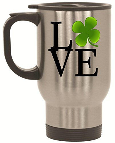 Love Clover St Patrick's Day Leprechaun Stainless Steel Travel Mug by BeeGeeTees® (14 oz)