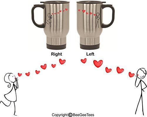 Sending Heart Kisses His and Hers Stainless Steel Travel Mugs by BeeGeeTees® (2 - 14 oz)