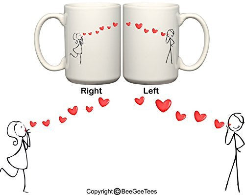 Sending Heart Kisses His & Hers Coffee Mugs Valentines Day Gift by BeeGeeTees® (2 - 15 oz)