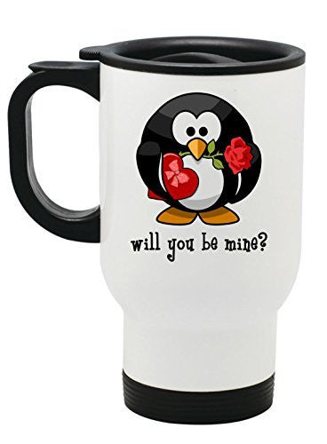 Will You Be Mine Cute Penguin Valentines Day Gift Stainless Steel Travel Mug by BeeGeeTees® (14 oz)