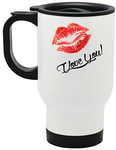 I Love You Lips Stainless Steel Travel Mug Valentines Day Gift by BeeGeeTees® (14 oz)