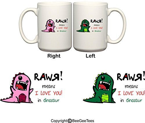 RAWR means I Love You In green and pink dinosaur His & Hers Valentines Day Coffee Mugs by BeeGeeTees®