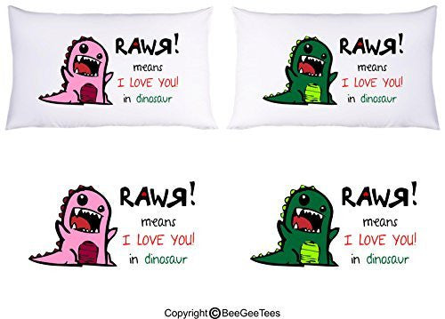 RAWR means I LOVE YOU in pink and green dinosaur Pillowcase Valentines Day Gift by BeeGeeTees® (2 Queen Pillowcases)