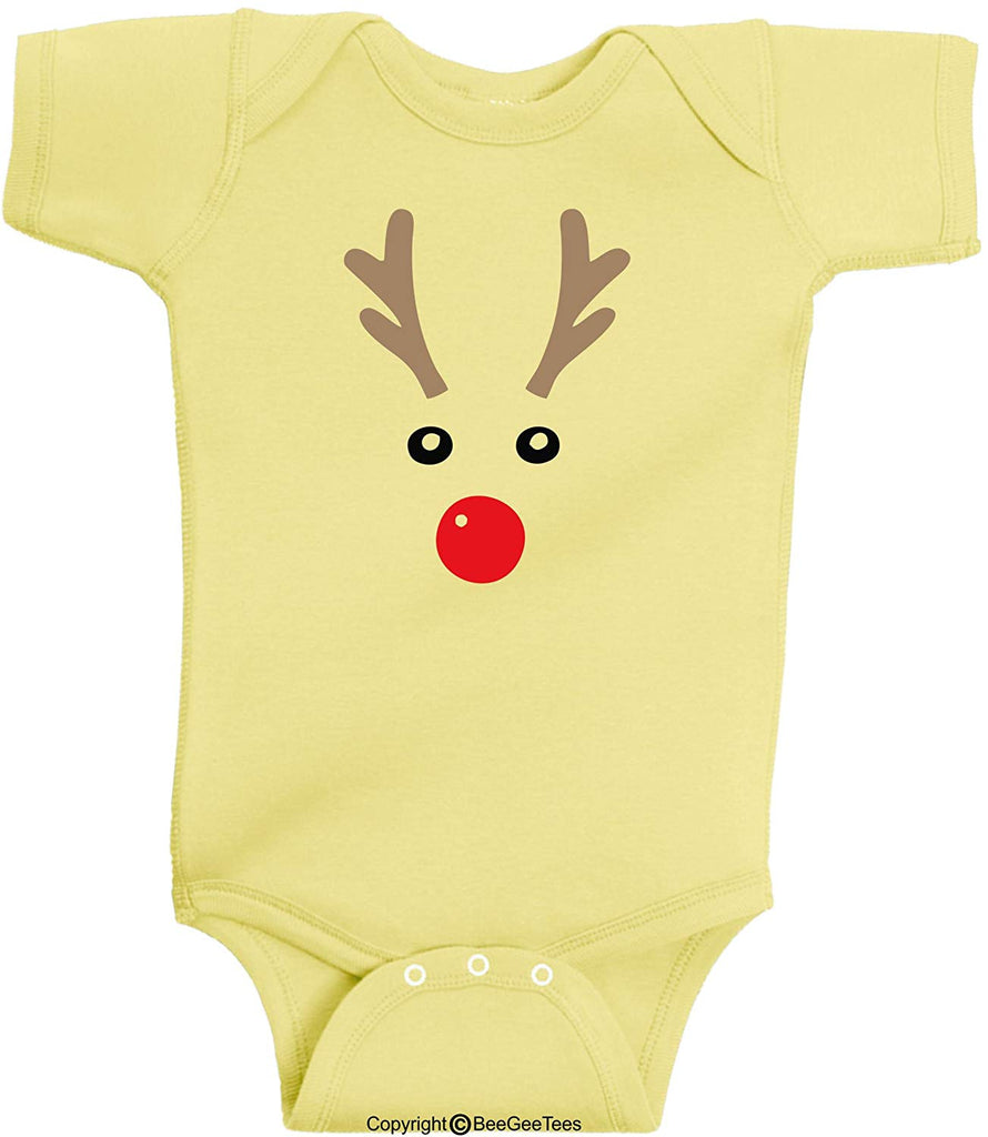 Rudolph Red Nosed Reindeer Face Funny Baby Bodysuit Christmas Winter by BeeGeeTees