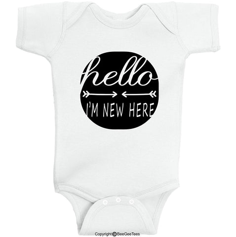 Hello I'm New Here Baby Romper Announcement Hipster Gift by BeeGeeTees