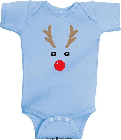 Rudolph Red Nosed Reindeer Face Funny Baby Bodysuit Christmas Winter by BeeGeeTees