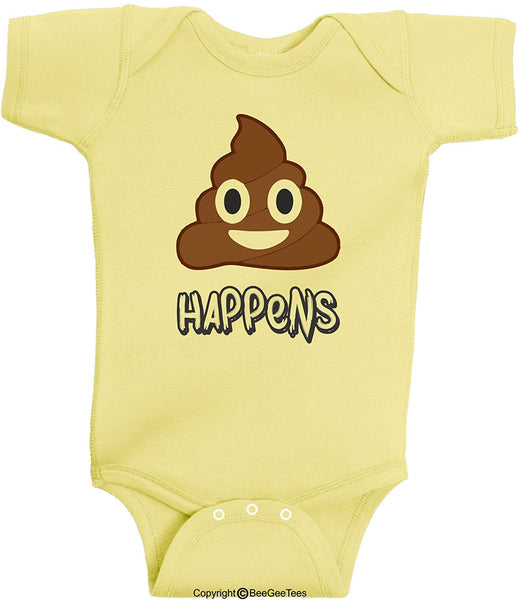 Poop Happens Funny Baby Bodysuit Romper One-Piece Poop Emoji by BeeGeeTees