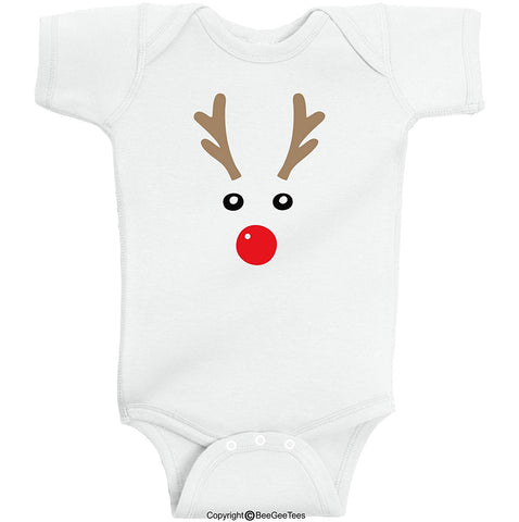 Rudolph Red Nosed Reindeer Face Funny Baby Bodysuit Christmas Winter by BeeGeeTees