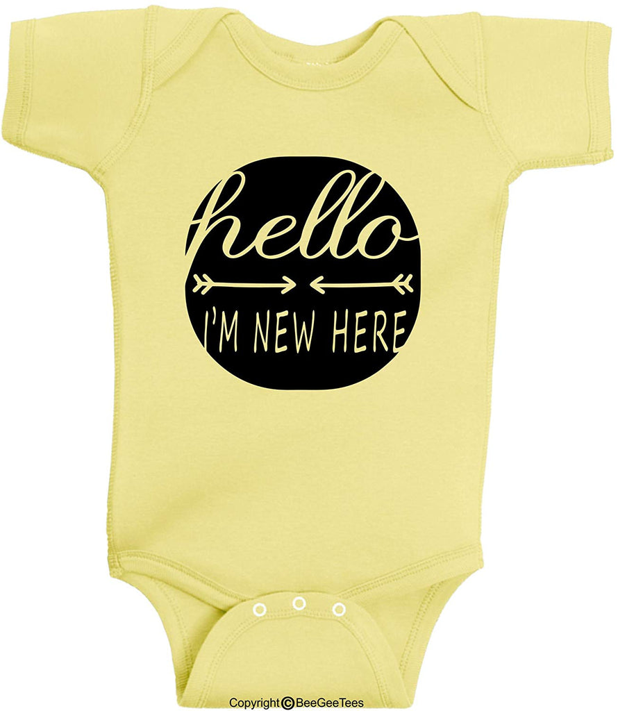 Hello I'm New Here Baby Romper Announcement Hipster Gift by BeeGeeTees