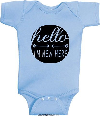 Hello I'm New Here Baby Romper Announcement Hipster Gift by BeeGeeTees