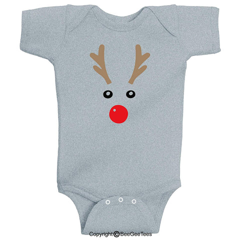 Rudolph Red Nosed Reindeer Face Funny Baby Bodysuit Christmas Winter by BeeGeeTees