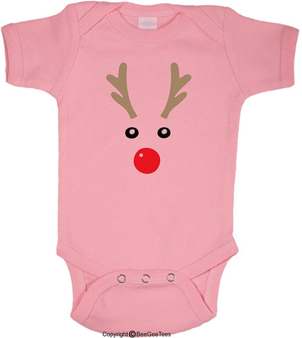 Rudolph Red Nosed Reindeer Face Funny Baby Bodysuit Christmas Winter by BeeGeeTees