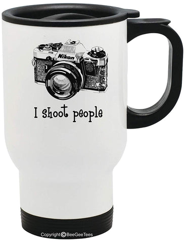 BeeGeeTees I shoot people Nikon Camera Photography Funny Stainless Steel Photographer Travel Mug by (14 oz)