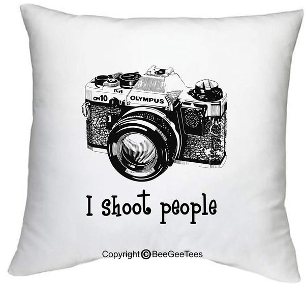 I shoot people Olympus Camera Photography Funny 18" x 18" Zippered Photographer Pillow Cover by BeeGeeTees