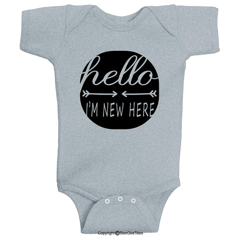 Hello I'm New Here Baby Romper Announcement Hipster Gift by BeeGeeTees